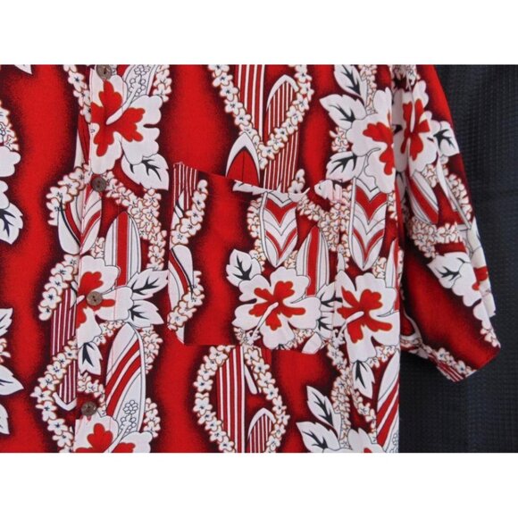 Tiki Palm Rayon Red White Hawaiian Camp Shirt XL Surf Board Lei Button Front - Picture 6 of 9